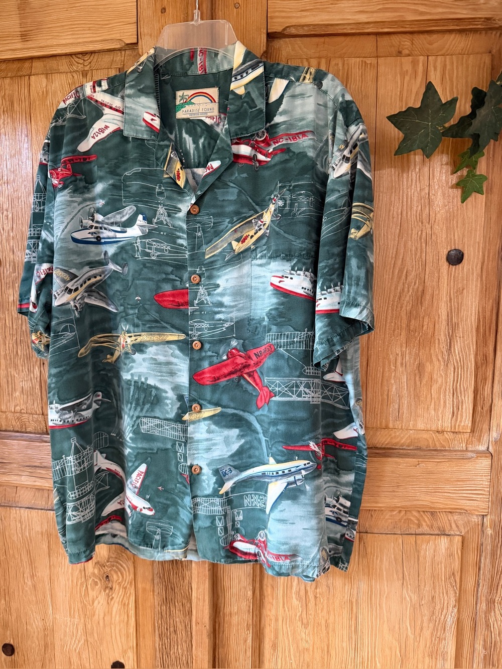 Paradise Found Green Hawaiian Shirt with Airplane Print